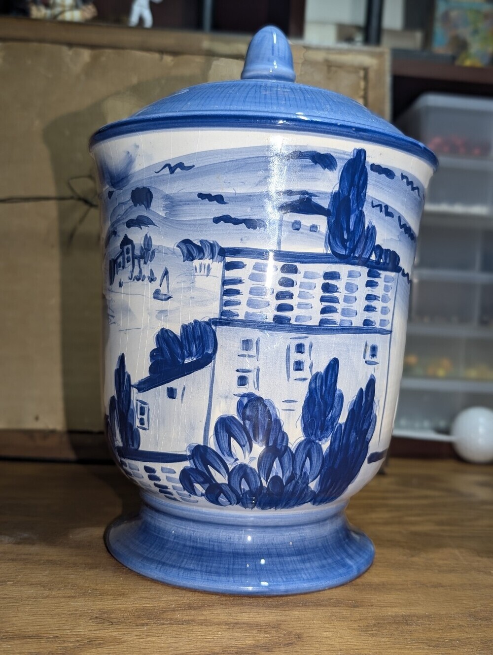 Vintage Artimino "Tuscany Dawn" Lidded Ceramic Canister - Blue & White Landscape